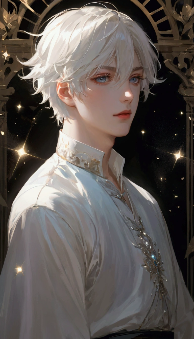 Delicate face, Downshoot, Thick acrylic, pixiv上的illustration, By Kavasi, author:John Singer, Sargent, masterpiece, Upper Body, king, one, Boys, Two hands, White eyes, White short hair,, pale White skin, Pretty Face, Divine Light, White, shirt, Rich details, high quality, scum,, degenerate,8K, Extremely detailed, Latest pixiv, illustration, Dynamic poses, Dynamic Angle,, Gorgeous light and shadow, transparency,, Detail decoration, Detailed lines, mystery,, fantasy, magic, sparkling,