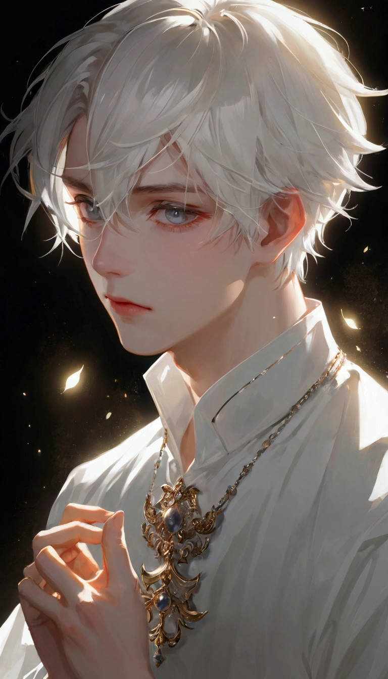 Delicate face, Downshoot, Thick acrylic, pixiv上的illustration, By Kavasi, author:John Singer, Sargent, masterpiece, Upper Body, king, one, Boys, Two hands, White eyes, White short hair,, pale White skin, Pretty Face, Divine Light, White, shirt, Rich details, high quality, scum,, degenerate,8K, Extremely detailed, Latest pixiv, illustration, Dynamic poses, Dynamic Angle,, Gorgeous light and shadow, transparency,, Detail decoration, Detailed lines, mystery,, fantasy, magic, sparkling,