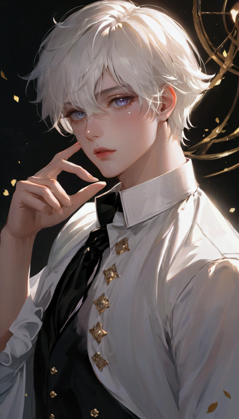 Delicate face, Downshoot, Thick acrylic, pixiv上的illustration, By Kavasi, author:John Singer, Sargent, masterpiece, Upper Body, king, one, Boys, Two hands, White eyes, White short hair,, pale White skin, Pretty Face, Divine Light, White, shirt, Rich details, high quality, scum,, degenerate,8K, Extremely detailed, Latest pixiv, illustration, Dynamic poses, Dynamic Angle,, Gorgeous light and shadow, transparency,, Detail decoration, Detailed lines, mystery,, fantasy, magic, sparkling,
