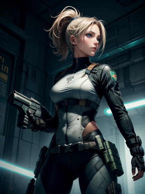 A badass white Jennifer Lawrence con traje de fuerza especial, pecho natural, Alta resolución, arte realista, luchando contra zombies, 1 hembra madura, 1 mqmf, solo, en la azotea, salpicadura de sangre verde, cara seria, trazado de rayos con boca cerrada, Iluminación perfecta, Detalle perfecto in long ragged futuristic military gear holding a gun, with a touch of blood and showcasing her skills as a soldier sci-fi. She also has long thick ginger ponytail and green eyes, trigger happy, muscular, athletic, , (1female), (action shot), best quality, (masterpiece), (methurlant), (comic), y2k animation, intricate detail, smooth, (futuristic),