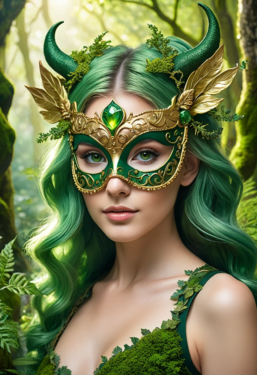 (Masterpiece, 8K, UHD, high resolution: 1.4), Terra, a 30-year-old woman, (wearing a chimera-inspired mask: 1.3), (with intricate details of stones and foliage in green, brown, and gold: 1.3), (her moss-green hair long and slightly wavy: 1.2), (flowing harmoniously with the environment: 1.2), (green eyes with a soft, natural glow: 1.2), (reflecting nature's calm and wisdom: 1.2), (set in a natural forest or garden scene: 1.3), (surrounded by majestic trees, lush plants, and moss-covered rocks: 1.3), (filtered light through tree canopies creating a peaceful and magical atmosphere: 1.3), (realistic and intricate details: 1.2), (dynamic and enchanting perspective: 1.3)