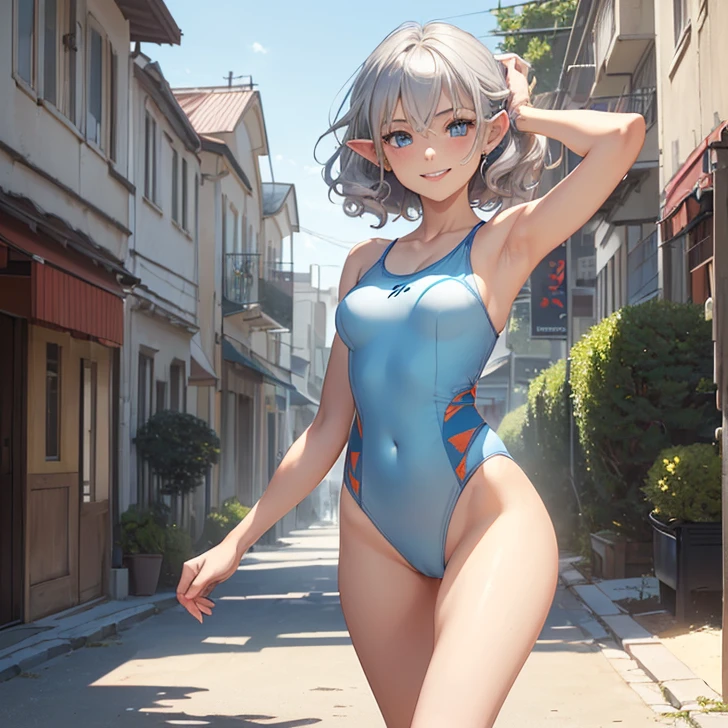 (Absurdres, best high quality, best detailed with gigh quality and very detailed features and textures alone solo character)
{{(1charactwr:  silver haired half-elf girl: (pale skin, silver very short curly hair, beautiful blue eyes, very thin lips, nice teenage body, medium breasts, beautiful feminine arms, beautiful feminine legs, big butt, happy face, cute smile, feminine, walking alone around the street), (orange one-piece swimsuit), (beach, sunny morning, far blue water)}}