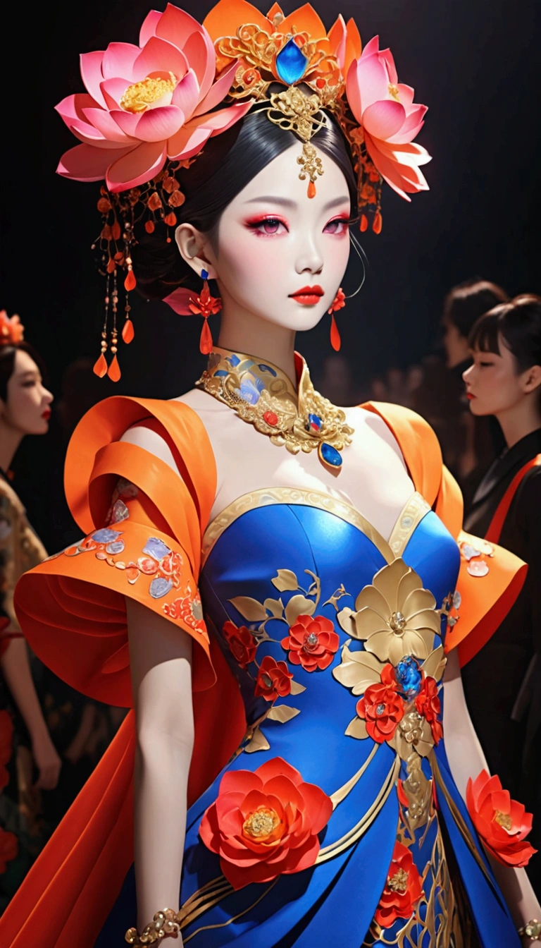((Inspired by Guo Pei )), (fashion show:1.3),Female model wearing an extraordinary avant-garde dress,Looking at the audience, Cross your arms, orange braid, Lotus headdress, Violet necklace, 在一场高级fashion show的T台上,Crimson lips,She exudes an otherworldly beauty,Experimental photography,Surreal contrasts,Layered contours,Complex Mode,Depth and size,translucent,Crystal structure,glowing lines,Fluorescence,Backlight,Light particle blur,闪耀Fluorescence感,Textured Matte,Rose red,blue, (best quality,4K,8k,highres,masterpiece:1.2)