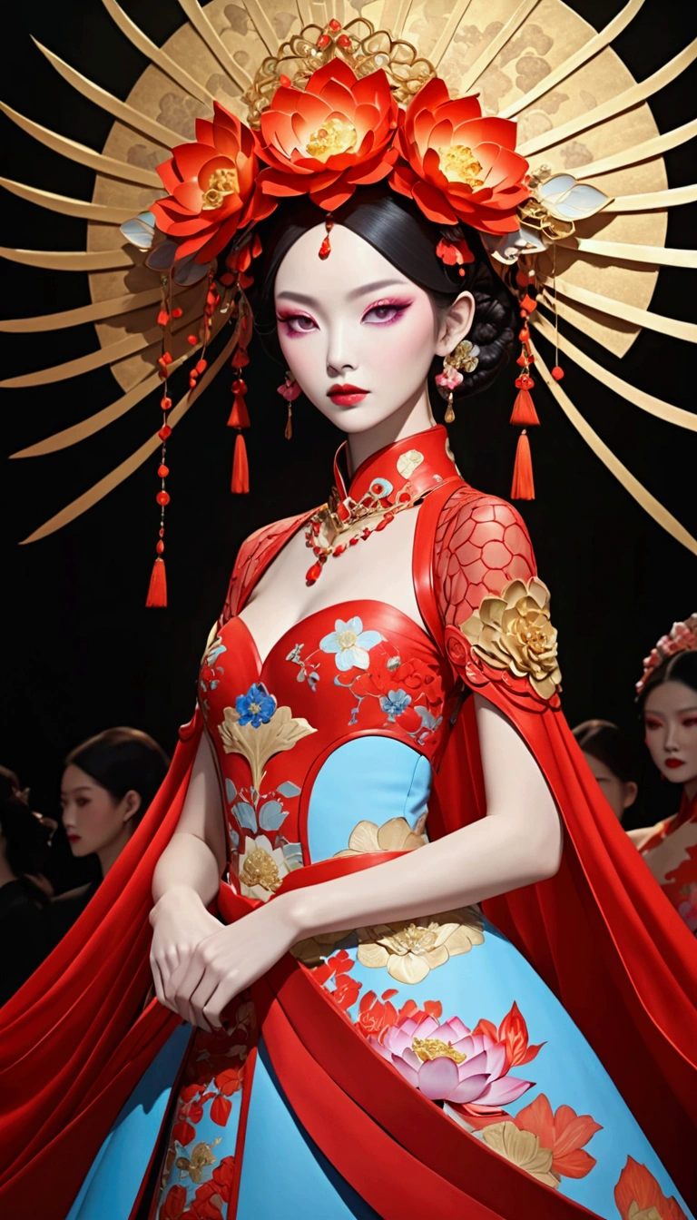((Inspired by Guo Pei )), （fashion show：1.3），Female model wearing an extraordinary avant-garde dress，Looking at the audience, Cross your arms, orange braid, Lotus headdress, Violet necklace, 在一场高级fashion show的T台上，Crimson lips，She exudes an otherworldly beauty，Experimental photography，Surreal contrasts，Layered contours，Complex Mode，Depth and size，translucent，Crystal structure，glowing lines，Fluorescence，Backlight，Light particle blur，闪耀Fluorescence感，Textured Matte，Rose red，blue， (best quality,4K,8k,highres,masterpiece:1.2)