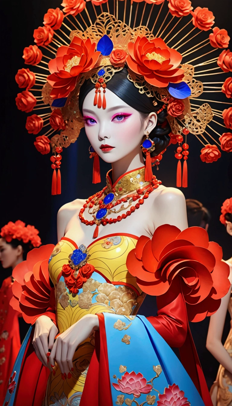 ((Inspired by Guo Pei )), （fashion show：1.3），Female model wearing an extraordinary avant-garde dress，Looking at the audience, Cross your arms, orange braid, Lotus headdress, Violet necklace, 在一场高级fashion show的T台上，Crimson lips，She exudes an otherworldly beauty，Experimental photography，Surreal contrasts，Layered contours，Complex Mode，Depth and size，translucent，Crystal structure，glowing lines，Fluorescence，Backlight，Light particle blur，闪耀Fluorescence感，Textured Matte，Rose red，blue， (best quality,4K,8k,highres,masterpiece:1.2)