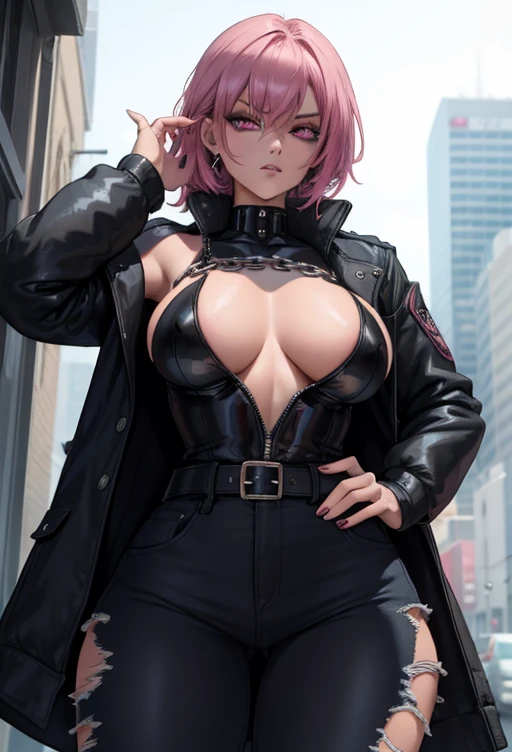work of art, A beautiful girl, shiny pink eyes, big fit ass leg thighs, waist long, big fit ass , Legs long, black jacket with spikes, microbiquini, black jeans with chains, glitters and effects, black gloves without fingertips, vred, Waist slender, short abdomen, return to viewer, photo from bottom to top