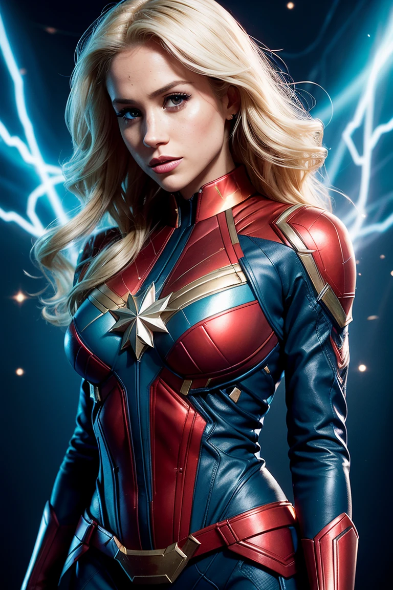 Meghan Markle, wearing Captain Marvel costume sexy clothes, her costume is transparent, (revealing her skin), professionally retouched, soft lighting, realistic, smooth face, perfect eyes, sharp focus on eyes, 8 k, high definition, insanely detailed, intricate, elegant. in a cosmic background, (((visible breasts))), she is removing her. Costume, visible nipples, visible vagina, blonde hair, blue eyes