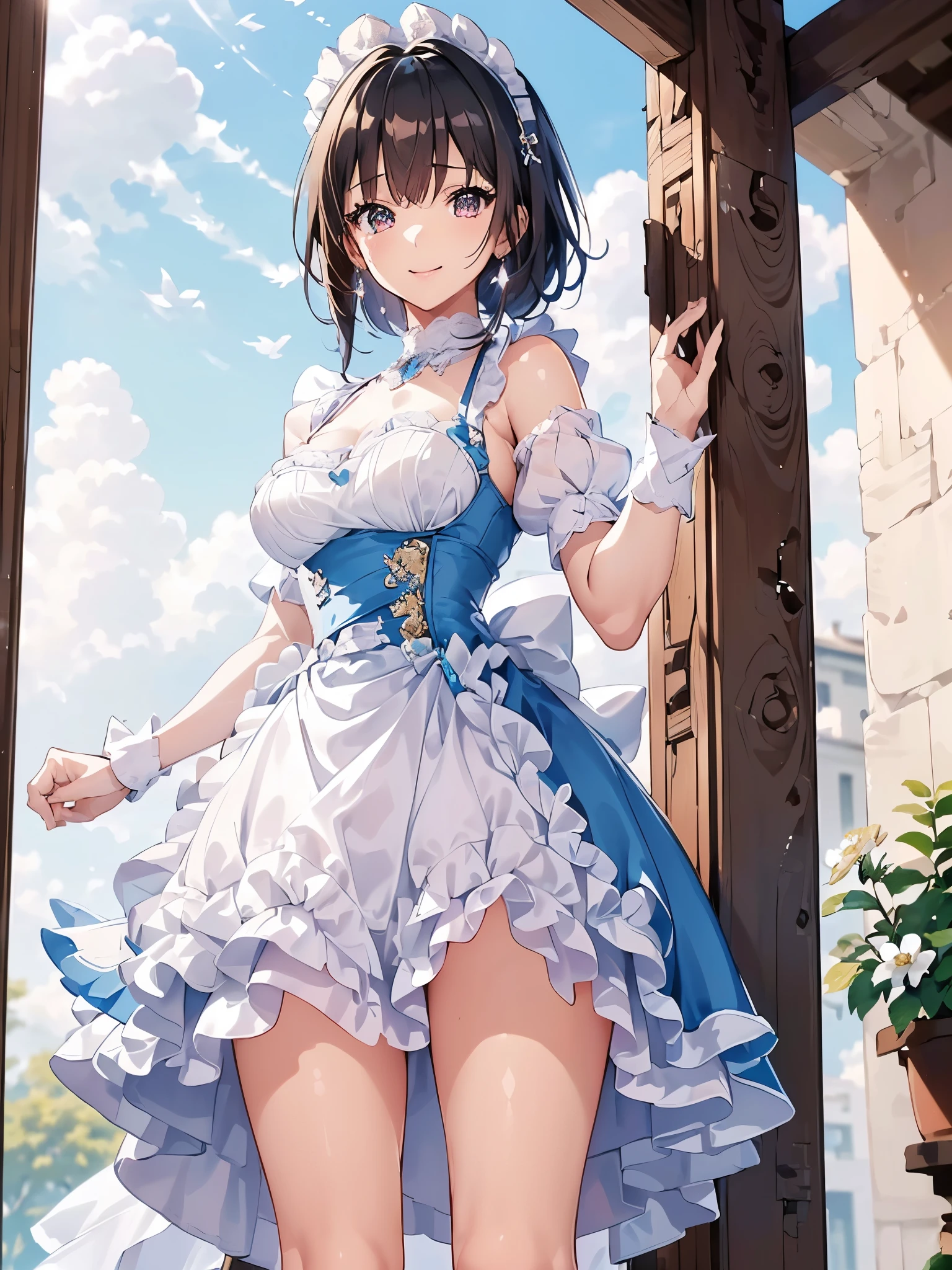 (8K, masutepiece, Highest Quality, Best Quality, Official art, Breathtaking beauty and aesthetics, A highly detailed, The best masterpiece in history that exceeds limits, Breathtaking and beautiful lighting:1.2), (1 Absolute Beautiful Girl, Solo:1.3), , (shiny white skin), (pink twin tail hair, Bangs:1.5), (adolable big pink eyes, drooing eyes:1.5), (Breathtaking Beautiful baiana dress, ruffled dress, blue lace trim, Cutwork, blue frilled neckline, flared skirt, blue and white dress, layered dress, puffed_sleeves), (bust:1.2), (happy smile, Beautiful smile, Gentle smile, cute smile, innocent smile like an angel:1.2), (Attractive, amazing, Beautiful, Elegant, Luxurious, magnifica, Eye-catching, the ultimate beauty, Supreme Beauty, Superlative beauty, Elegant, Beauty, Graceful, Everyone loves it, Beauty that fascinates everyone, Healed, The highest level of complete beauty, cute like an idol, Stylish like a fashion model, Goddess-like grace, Be loved, cute little, adolable, Look at the camera, cute little pose, Happy), breathtaking scenery, (standing, Breathtakingly beautiful Luxurious spring garden, blue sky:1.5),