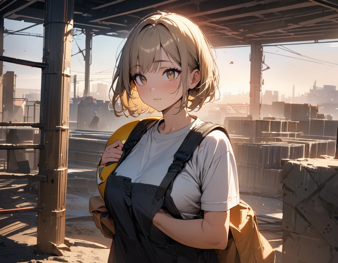 top of construction site made of Steel bars and concrete, masterpiece, top quality, highly detailed illustration, incredibly delicate and beautiful,8K,A Beautiful Asian woman dressed in work clothes is standing at the construction site,((She is carrying a Steel bars on her shoulder)),ultra-detailed face,detailed eyes,brown eyes,gradient eyes,short hair,milktea beige hair,lash extension,The woman is wearing a yellow helmet,Focus on the woman,Sweat,peaceful,rim light,(overlooking:1.3)