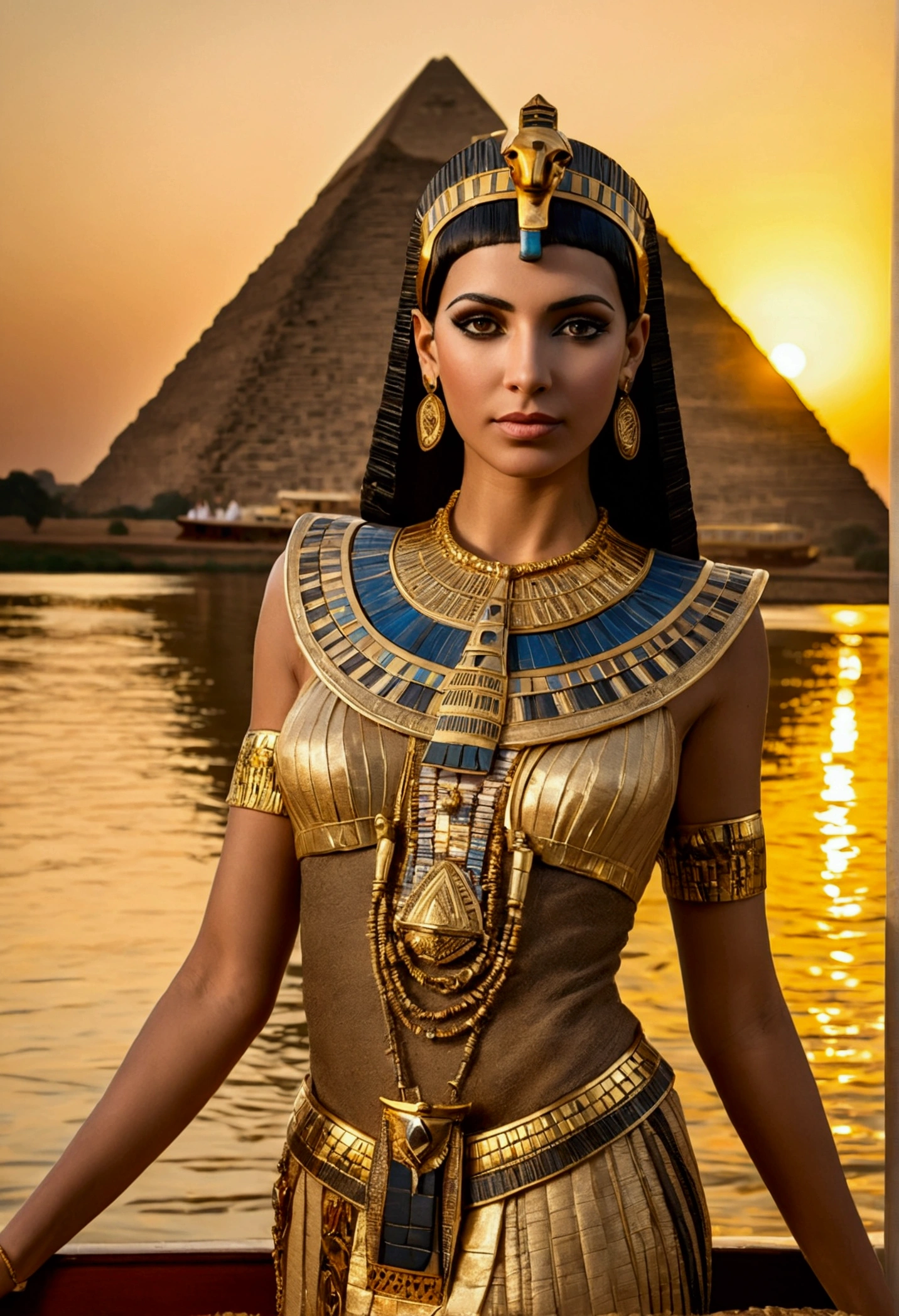 Cleopatra, a regal queen adorned in gold, standing on a Nile riverboat at sunset, with pyramids in the background.