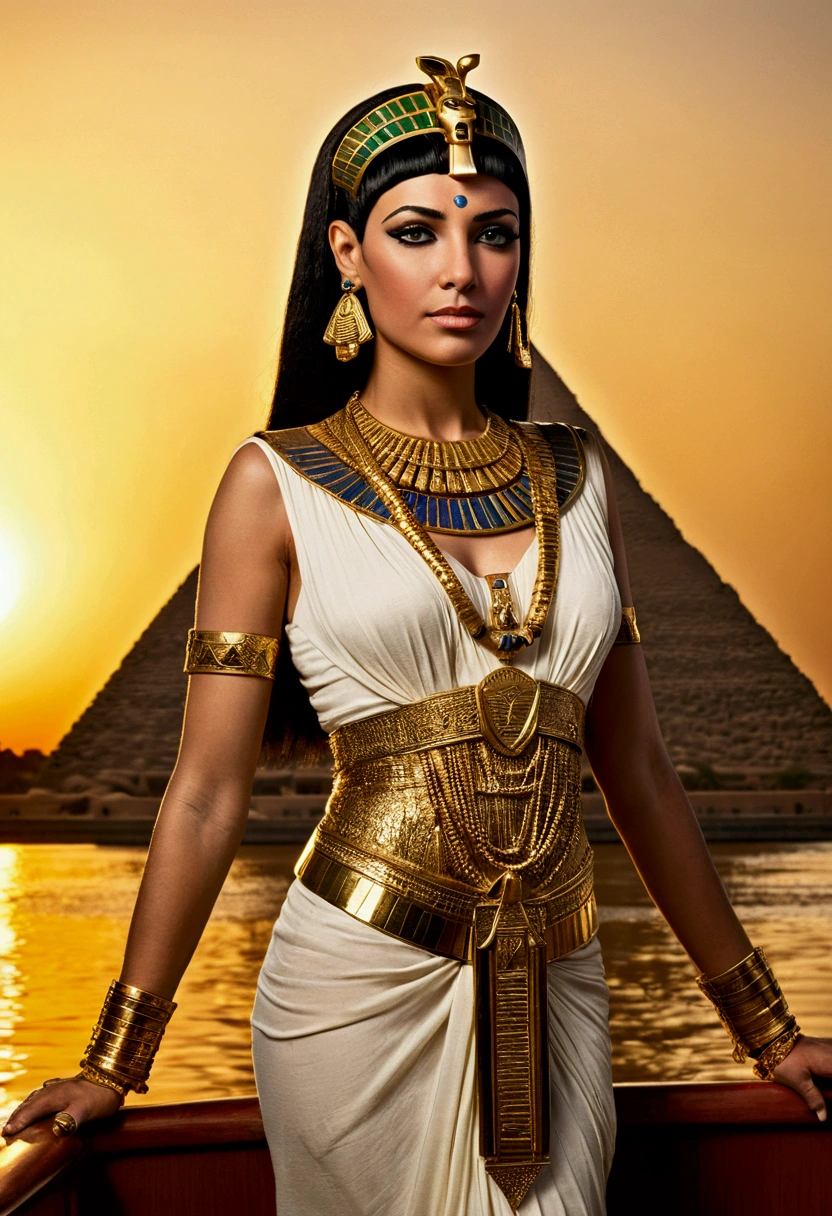Cleopatra, a regal queen adorned in gold, standing on a Nile riverboat at sunset, with pyramids in the background.