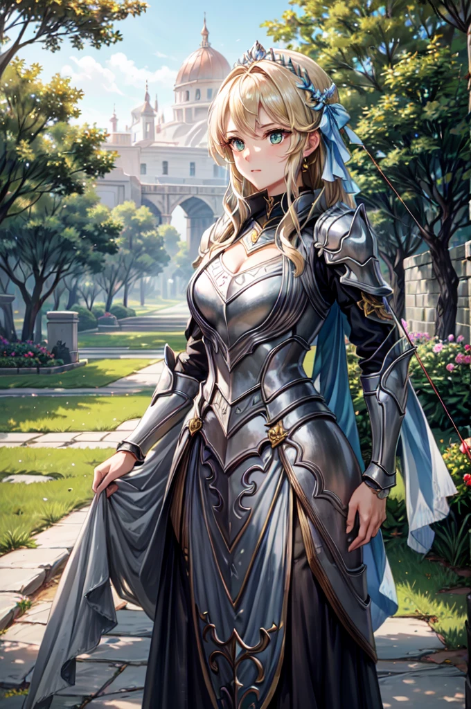 A graceful princess with flowing blonde hair and striking green eyes. She is dressed in elegant, royal armor adorned with intricate embroidery and the family crest of a bright, shining sword. The armor is lightweight but protective, made of silver with blue and gold accents. She stands poised and serene, holding a bow and arrow, symbolizing her talent as an archer. The background is a lush, royal garden with blooming flowers and ancient trees.