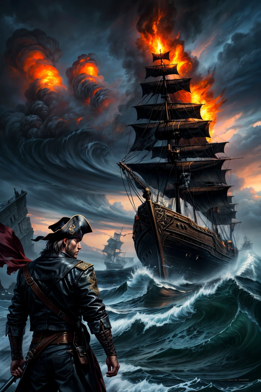 Pirate Ship Battle with their Skull and Crossbones Flags:1.3, A group of pirate ships engaged in a fierce battle, Pirates fighting with swords on the deck of the ships:1.5, Fire, Smoke, Dramatic Lighting, Stormy Seas, High Waves, Dramatic Sky, Cinematic Atmosphere, Detailed Textures, Photorealistic, 8k, (Best Quality, 4k, 8k, Hi-Res, Masterpiece:1.2), Ultra-Detailed, (Realistic, Photorealistic, Photorealistic:1.37), Dynamic Action, Intense Combat, Vivid Colors, Dramatic Shadows and Reflections