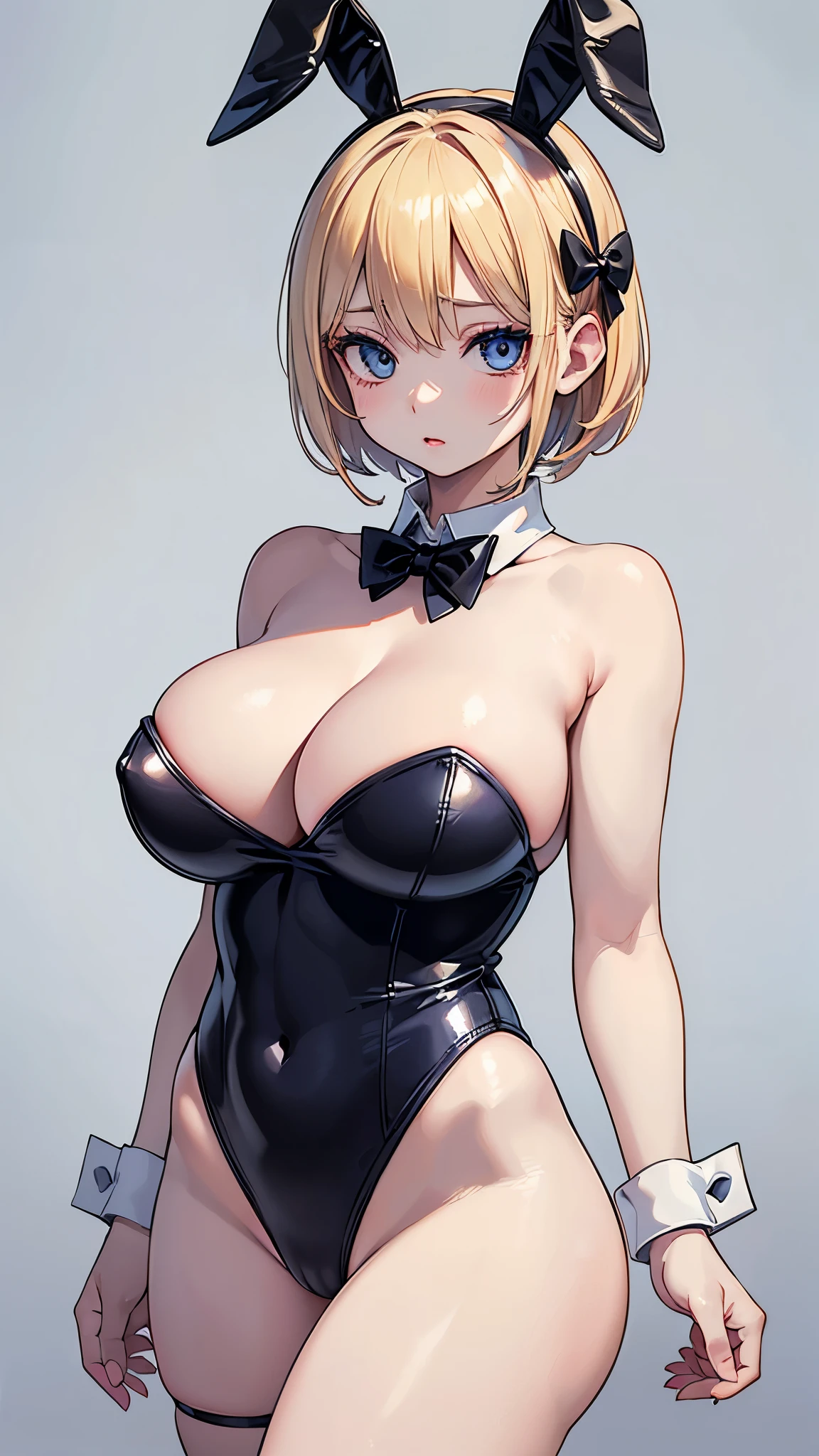 (masterpiece, 最high quality, 超High resolution, Very detailed), (Realistic:1.1, photoRealistic:1.4), Perfect illustration, Perfect lighting,Hair in perfect detail, Perfect and detailed face, Perfect collarbone, Perfect body,Juicy breasts, Perfect Thighs, Beautiful feet, View your viewers, 1 Girl,Perfect Face, (Perfect Anatomy, Anatomically correct), Symmetrical face、((Shiny Hair)),Sexy Body、(masterpiece),(最high quality：1.3),8k,Very clear,(Ultra-realistic),,Captivating woman,(high quality, High resolution, Fine details), Realisticなスタイルの女性,Juicy breasts、One perfect woman、Perfect Face、Symmetrical face、Baby Face、((Large Breasts))、Cleavage、blush、((Juicy lips))、Cowboy Shot、((Very short blonde hair))、((Big double blue eyes、Long eyelashes))、((Red makeup))、((Wide Hips))、((Plump body))、(((Playboy、Bunny girl)))、(((Black enamel high leg leotard、Collar with bow tie、cuffs)))、(Concrete Background)

