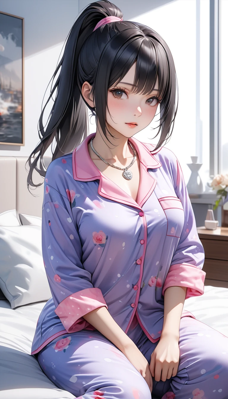 (cute pajamas),mature women, grace,The background is the bedroom, High-tech feel,black hair,high ponytail,silver necklace around neck,antioxidant_mary rose, 1 girl, ultra high definition, extreme speed, masterpiece, accurate, anatomically correct, textured skin, super detailed, high detail, high quality, best quality, high resolution, 4K,watercolor painting