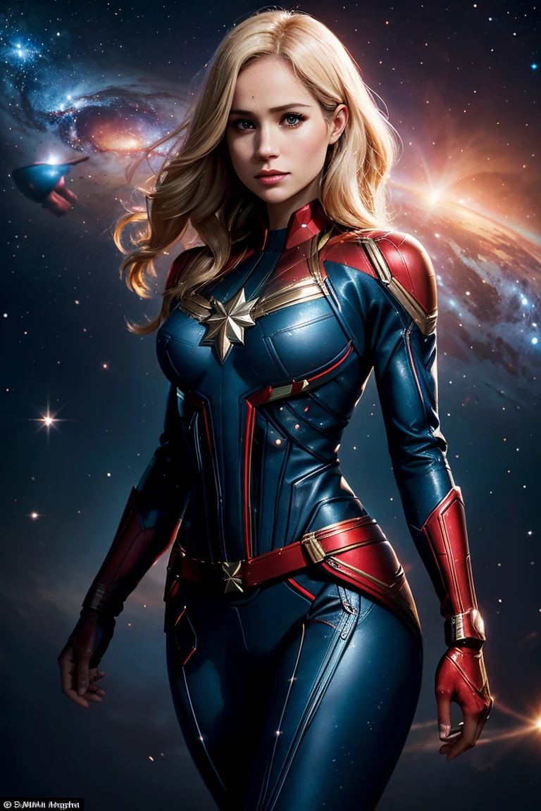 Meghan Markle, wearing Captain Marvel costume sexy clothes transparent. Visible nipples, professionally retouched, soft lighting, realistic, smooth face, perfect eyes, sharp focus on eyes, 8 k, high definition, insanely detailed, intricate, elegant. in a cosmic setting, outer space, galaxies, nebula, 