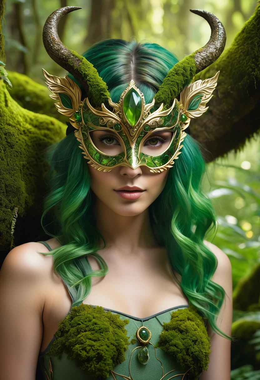 (Masterpiece, 8K, UHD, high resolution: 1.4), Terra, a 30-year-old woman, (wearing a chimera-inspired mask with details of stones and foliage: 1.3), (predominantly in green, brown, and gold: 1.2), (moss-green hair, long and slightly wavy: 1.3), (green eyes with a soft, natural glow: 1.2), (set in a natural forest or garden scene: 1.3), (surrounded by majestic trees and lush plants: 1.3), (moss-covered rocks: 1.2), (filtered light through tree canopies creating a peaceful and magical atmosphere: 1.3), (realistic and intricate details in the foliage and environment: 1.2), (calm and immersive perspective: 1.3)