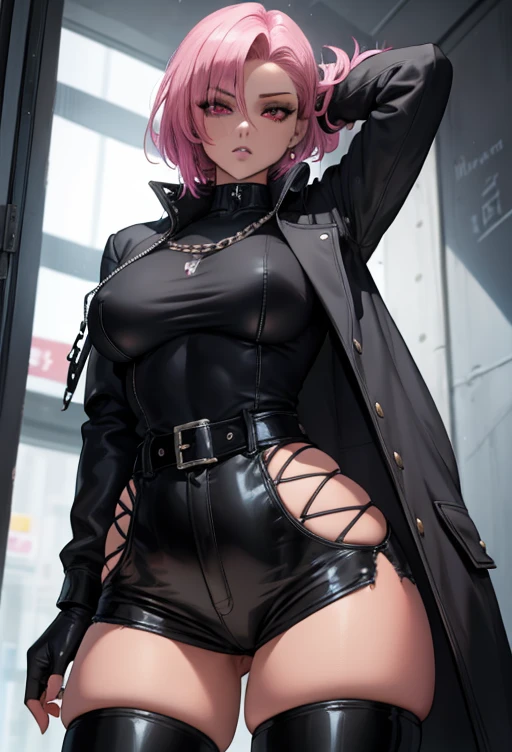 work of art, A beautiful girl, shiny pink eyes, big fit ass leg thighs, waist long, big fit ass , Legs long, black jacket with spikes, microbiquini, black jeans with chains, glitters and effects, black gloves without fingertips, vred, Waist slender, short abdomen, return to viewer, photo from bottom to top