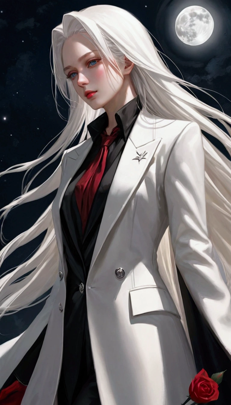masterpiece, best quality, (Solitary focus), (Perfect face:1.1), (High Detail:1.1), (Extremely detailed eyes), dramatic, Pale skin、Woman with thick white hair, White eyes, Solitary, Long hair, Sephiroth, moon, night, White luxury suit, Cover the navel, Pursed lips, fur, Arrogant expression, Rose花园, Detailed background, Artgerm's Artwork, Movie Lighting, Rose, Fashion, Balenciaga style
