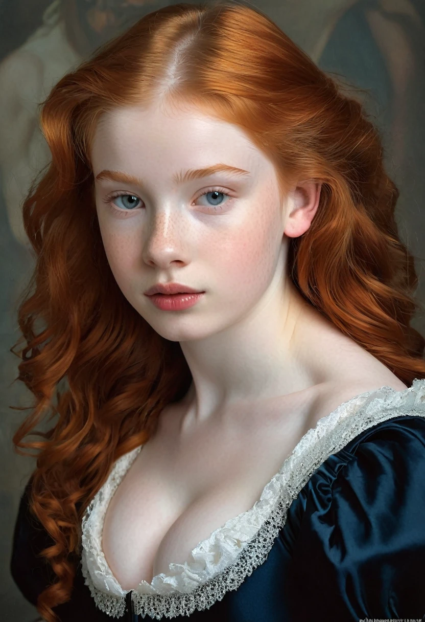 pale skin muscular redhead  girl huge breasts in the style of Anthony van Dyck