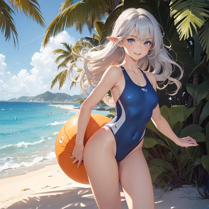 (Absurdres, best high quality, best detailed with gigh quality and very detailed features and textures alone solo character)
{{(1charactwr: silver haired half-elf girl: (pale skin, silver very short-length curly hair, beautiful blue eyes, very thin lips, nice teenage bodydium breasts, beautiful feminine arms, beautiful feminine legs, big butt, happy face, cute smile, feminine, walking alone around the beach), (orange one-piece swimsuit), (beach, sunny morning, far blue water)}}