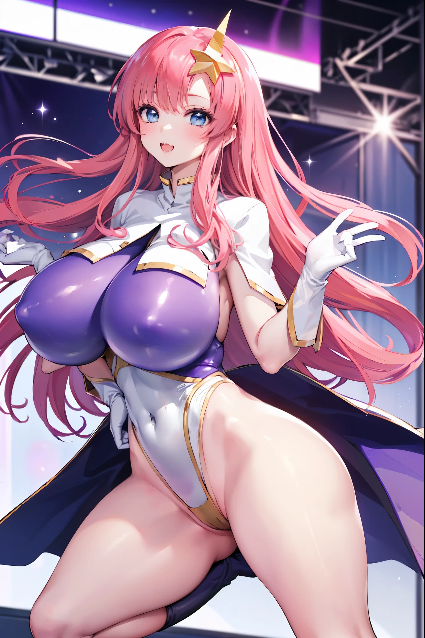 (masterpiece）、（Highest image quality）、（Super detailed）、（extremely detailed）、4K、（8K）、Highest image quality、（beautiful）、
more campbell, 1 teen_girl, star hair ornaments, hair ornaments, pink hair, long hair, gloves, Leotard Purple leotard, white leotard, leotard that bites、(gigantic_tits:1.2)、thick thighs、,light smile､dynamic pose､gravure､dynamic angle、noise removal､emphasis on crotch､chest enhancement,open_legs