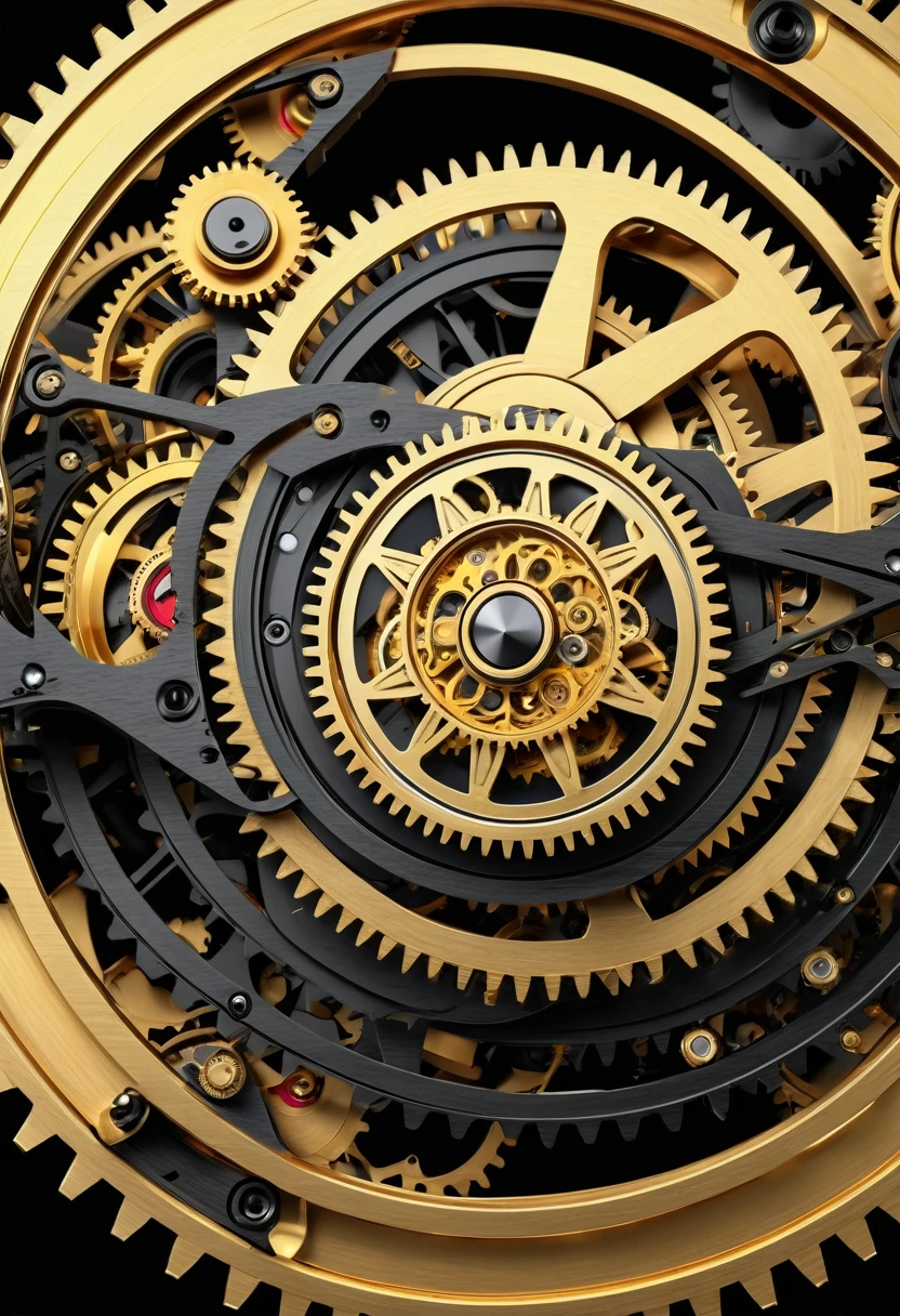 a highly detailed mechanical movement with Roman letters, complicated gears and components, Gold, brown, and black colors, ultra-detailed 4K resolution, sharp edges, photorealestic, Detailed technology, Precision machines, Komplexes Design, mechanical precision, industrial aesthetic, 