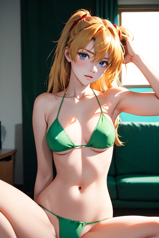 (masterpiece, best quality), 1girl, beautiful face, beautiful body, Asuka Langley Soryu, hair between eyes, solo, bright expression, natural small breast, cleavage, slim, thin, tall, blonde reflected light, green bikini, collarbone, silky shiny skin, see through nipple, high resolution, lying, shy, perfect detailed anatomy, perfect arms, perfect fingers, navel, spread legs, soft light, bright indoors