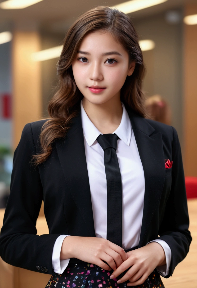 Top quality, masterpiece, 1 cute girl, Pretty Face, (Realistic photos:1.3), Edge lighting, (High Detail Skin:1.2), 8K UHD, Digital SLR Camera, high quality, HD, 4K, 8K, Bokeh, (real: 1.3), Black Formal Blazer, Mid-chest, Short skirt,office