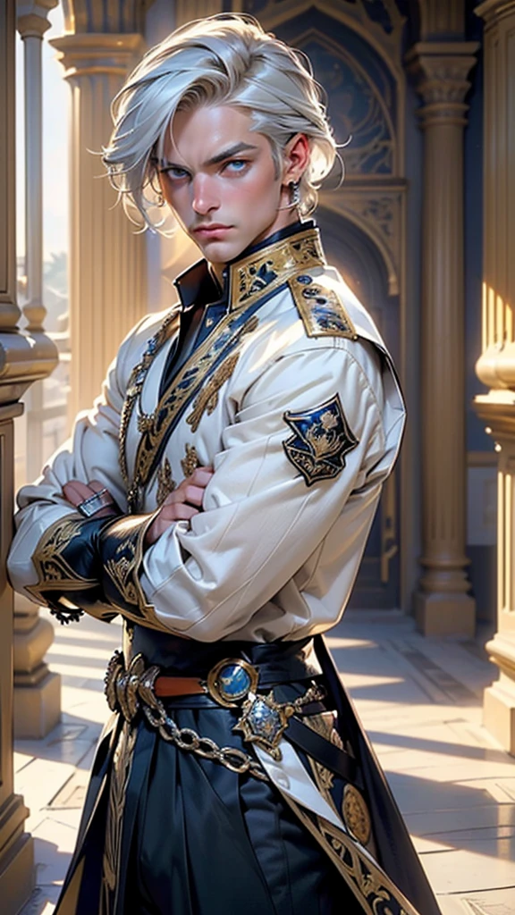 (male:1.5),1 male, male, muscular, 1 boy, muscular, pectoral, muscular, adult attractive handsome man,1 male, macho,((long straight platinum hair, beautiful hairstyle)),(((clean-shaven face))), (((almond-shaped blue eyes:1,3))), expressive eyes, beautiful detailed eyes, symmetrical eyes, thin, ((detailed face)), (Arab prince), knight, armor, antique military uniform (((shiny skin: 1.5, tanned skin, fair skin: 1.5,tanned skin, shiny skin, very shiny skin, shiny body))),strong, heroic, nsfw, oriental man, elegant, (gray-blue unbuttoned antique military tunic, masculine facial features), ((bulge in trousers)),(((intricate outfit, intricate clothes, ornate outfit))), (dynamic pose: 1.0), embarrassed, (centered, scale according to size, rule of thirds), indoors, (huge columns of the Arab palace, the Arab palace, the background of the Arab palace),landscape, extremely picturesque, Arabic style, high resolution, clear focus, (over-detailed, extremely detailed images), (photorealistic illustrations: 1.37), (extremely detailed CG unity 8k wallpaper), ((bright colors, bright theme), (intricate), (masterpiece), (best quality),artistic photography, (photo taken by SLDR), (complex background), perfectly drawn face, perfect facial details, realistic face, photorealistic,((complex details)),(((realism))),
