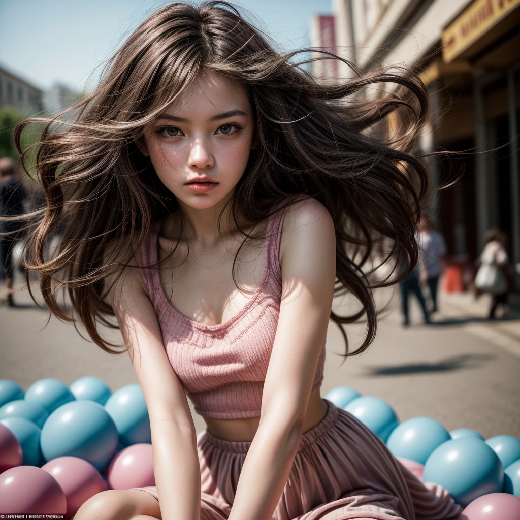 (full shot:1.3), (best quality:1.4), 1girl, uzbek, cute face, pink lace tanktop with long skirt, sitting in the market street, surrounded by (colorful floating bouncy balls:1.2), wavy hair, bangs, (hair blowing in the wind:1.2), (dramatic moment:1.3), (dynamic object:1.3), film looks, RAW photo, beauty shadow, beautiful day, natural lighting, detailed skin, detailed face and eyes, ultra highly detailed, surreal view, sharp focus, shot by zenit analog film, cinematic portrait by annie leibovitz, photo realism