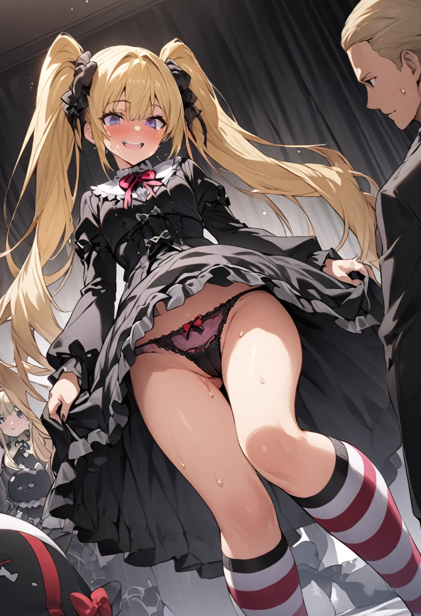 Ultra-high definition image quality、beautiful girl、high school girl、One Man、18-year-old、Twin tails、 Body Type、Striped knee socks、Devilish smile、Gothic Lolita Fashion、blonde、Big ribbon、Gothic Lolita Room、a large number of stuffed animals、Highest quality, Small Ass、Small breasts 、Slim figure、Thighs、Squat with your legs apart、gothic lolita panties、Sweaty buttocks、Sweaty buttocks、Reaching orgasm、Sweaty crotch、She turned her jacket inside out、Gothic Lolita exposed the good stuff。、Gothic Lolita is amazing、Angle from directly below、Obscene hip swing、Lift up your skirt