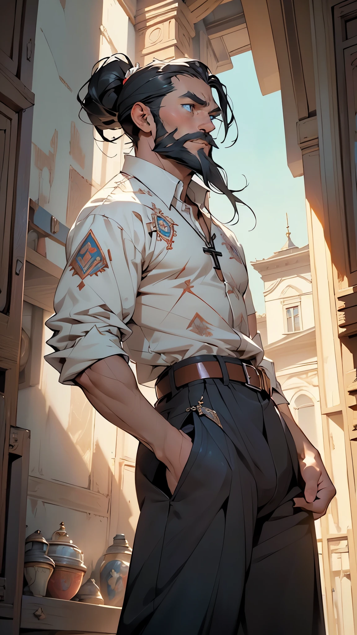 ((Grigory Efimovich Rasputin)), imposing man, (very tall man), (strong and robust build), (penetrating and hypnotic eyes), ((blue eyes)), ((long thick beard, Siberian peasant style beard)), ((long dark hair, hair tied in a ponytail)), prominent nose,((man)),(man:1.5),1 man,(((1man))),((man with black hair)),
55 years old, male character, black hair, ,muscular body,heavy muscular body,((tall statue)),
(((1male,male,male gender:1.5,male focus))),macho man,villain,evil villain,
(((lustrous skin:1.5,tanned skin,bright skin: 1.5,skin tanned,shiny skin,very shiny skin,shiny body,illuminated skin))),(((blue_eyes:1.2))),intricate eyes,beautiful detailed eyes,symmetrical eyes,((man chest)),((muscular)),male jaw,(((detailed face))),
manly,nsfw,
(traditional Siberian peasant clothing), (dark loose shirt, long tunic, baggy pants), ((metal crucifix around the neck)), ((long loose tunic)), ((rubakha cinched at the waist with a belt)), ((wide sharovary pants)),((bulge in pants)),
(dynamic pose:1.0),Serious and intense and fierce expression,(centered,scale to fit dimensions,Rule of thirds),
inside,indoor,((palace in Russia, palace in Russia background)),scenery:1.25,((intricate scenery)),
(Glossy Russian ornaments),highres,sharp focus,(ultra detailed,extremely detailed),(photorealistic artwork:1.37),(extremely detailed CG unity 8k wallpaper),(((vibrant colors,vibrant theme))),(intricate),(masterpiece),(best quality),artistic photography,(photography taken by sldr),(intricate background),perfect rendered face,perfect face details,realistic face,photo realistic,((intricate detail)),(((realism))),