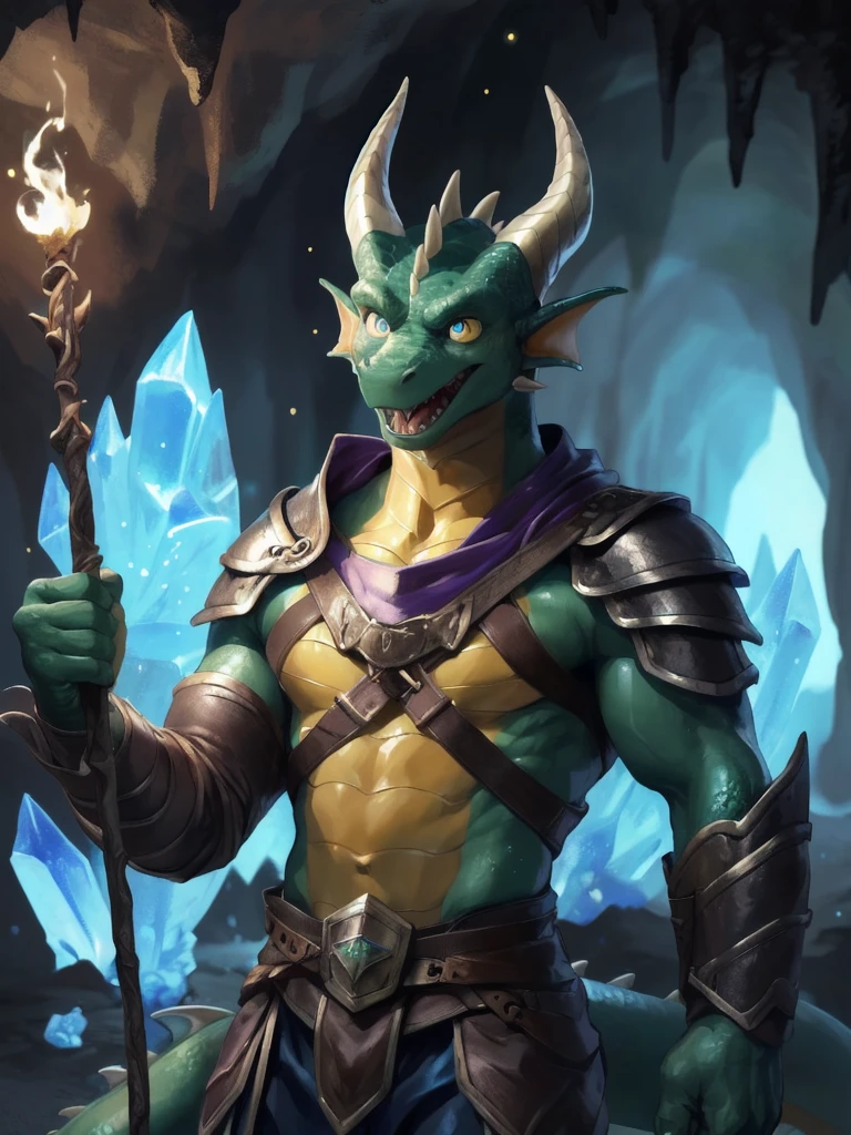 solo, male, adventurer, (male anthro dragon:1.3), (green body:1.1), yellow belly, (standing:1.3), (kemono:1.2), (cave:1.23), (leather armor), (excited:1.3), open mouth,  ,detailed eyes, dragon tail, horn, (bust portrait), (detailed eyes), (indoors:1.35), crystal, torch, smoke, dnd, (dark:1.4), (particles ,firefly, blue glowing:1.3), detailed background, 8k hd, (dark shadows, wide dynamic range, hdr, low light:1.2), by Pino Daeni, canyne khai, milkytiger1145, (bara), [dagasi, yupa], (((detailed eyes)))