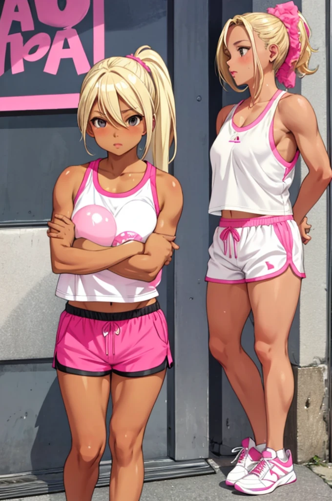 blonde ponytail ,  tanned skin, full lips  cut enose msmall breast. pink nippeles  , flat atletic body , bubble but , shorts , sneakers