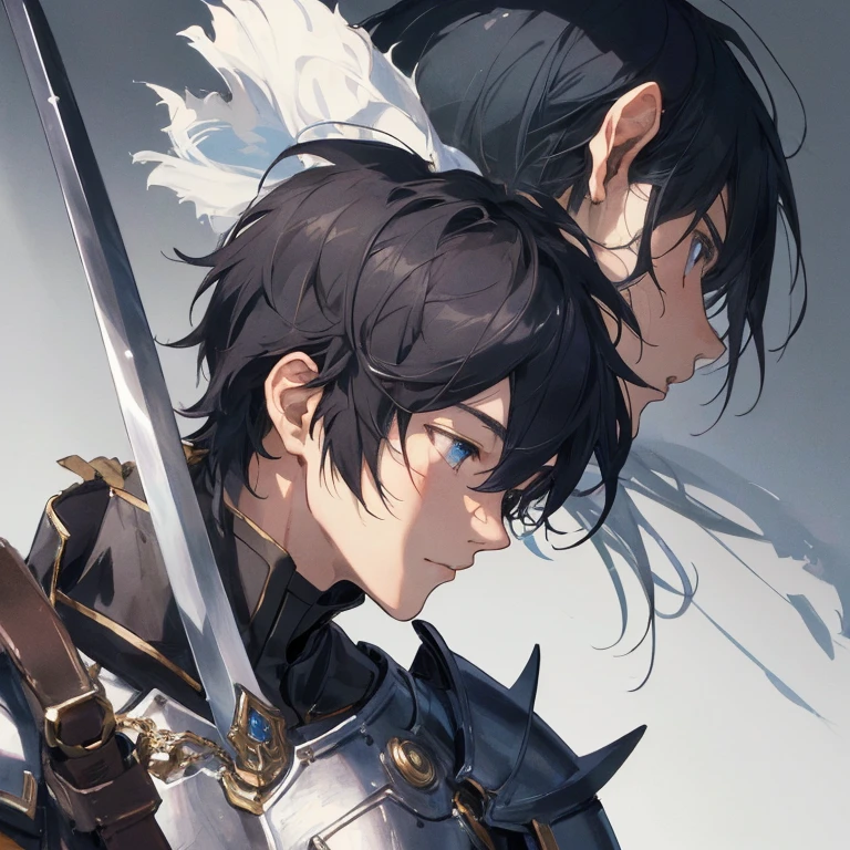 (masterpiece、最high quality、high quality)、I、15-year-old boy、(maleの子1人),, 一人のmale、male , 16歳male性,Short black hair、Blue Eyes、Fight with a sword、Knight in armor、ice、Hurt、Kneel、Dynamic Angle、White background、profile