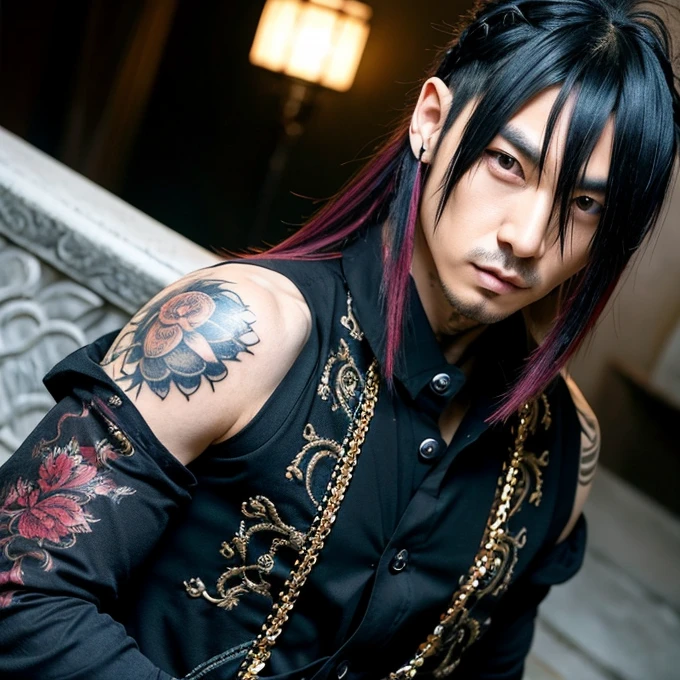 1 man, male, Japanese man, Visual Kai hairstyle, ultra detailed face and body, hyperrealistic, realistic representation, muscular, broad shoulders, tattoos gothic style, piercings, Visual Kei style, hairstyle Visual Kei, blond, long hair, 40 years old, age 40, outfit gothic streampunk, men's shirt and black pants, Asian eyes, eyes Asian, Visual Kei hairstyle 