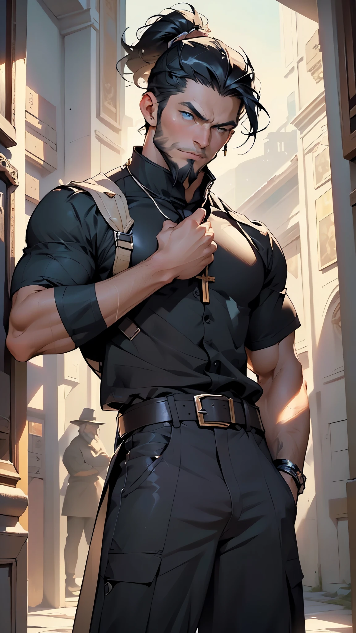 ((Grigory Efimovich Rasputin)), imposing man, (very tall man), (strong and robust build), (penetrating and hypnotic eyes), ((blue eyes)), ((long thick beard, Siberian peasant style beard)), ((long dark hair, hair tied in a ponytail)), prominent nose,((man)),(man:1.5),1 man,(((1man))),((man with black hair)),

55 years old, male character, black hair, ,muscular body,heavy muscular body,((tall statue)),

(((1male,male,male gender:1.5,male focus))),macho man,villain,evil villain,

(((lustrous skin:1.5,tanned skin,bright skin: 1.5,skin tanned,shiny skin,very shiny skin,shiny body,illuminated skin))),(((blue_eyes:1.2))),intricate eyes,beautiful detailed eyes,symmetrical eyes,((man chest)),((muscular)),male jaw,(((detailed face))),

manly,nsfw,

(traditional Siberian peasant clothing), (dark loose shirt, long tunic, baggy pants), ((metal crucifix around the neck)), ((long loose tunic)), ((rubakha cinched at the waist with a belt)), ((wide sharovary pants)),((bulge in pants)),

(dynamic pose:1.0),Serious and intense and fierce expression,(centered,scale to fit dimensions,Rule of thirds),

inside,indoor,((palace in Russia, palace in Russia background)),scenery:1.25,((intricate scenery)),

(Glossy Russian ornaments),highres,sharp focus,(ultra detailed,extremely detailed),(photorealistic artwork:1.37),(extremely detailed CG unity 8k wallpaper),(((vibrant colors,vibrant theme))),(intricate),(masterpiece),(best quality),artistic photography,(photography taken by sldr),(intricate background),perfect rendered face,perfect face details,realistic face,photo realistic,((intricate detail)),(((realism))),
