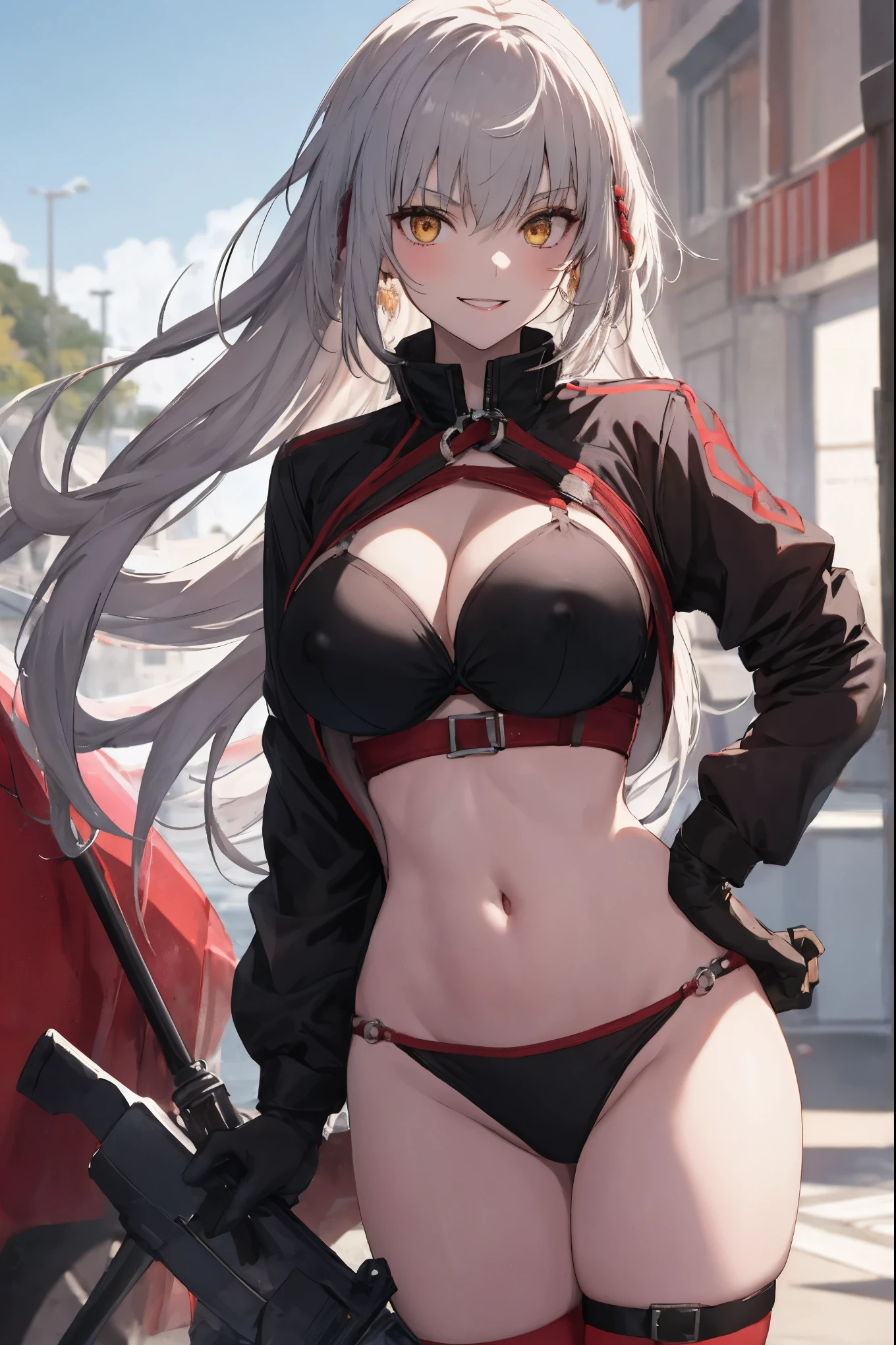 masterpiece, best quality, 1girl, , silver hair, ahoge, gold eyes, shaggy_long_hair,, gigantic_breasts, , blue sky_beach_landscape,covered_groin,covered_nipples,solo,young_,,open_legs,,crotch_armor,cowboy_shot,crotch, asymmetrical legwear, long hair, bikini, black bikini, black gloves, gloves, long sleeves, navel, o-ring, o-ring bikini, o-ring bottom, o-ring top, puffy long sleeves, puffy sleeves, red legwear, single thighhigh, swimsuit, thigh strap, thighhighs, uneven legwear,smile,nihil,open_mouth,angry,glare,dynamic_standing,jeanne D'arc alter,
