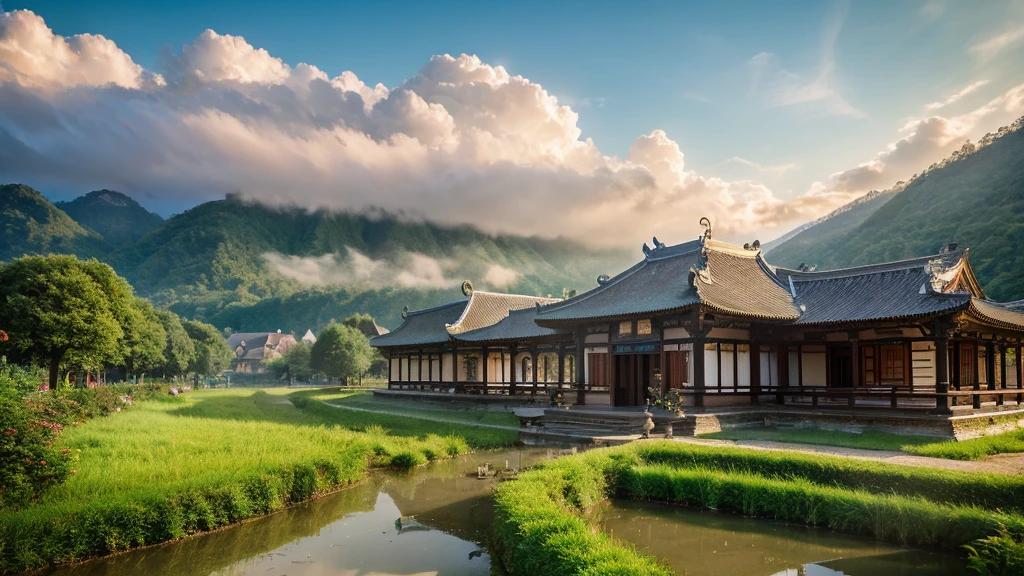 Natural beauty, Belgian ancient village. the stream. Cloud, Temple. mountain. at hồ, Mystical beauty, Aerial view, 8k