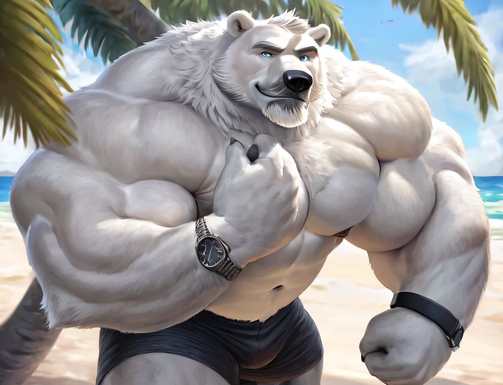 huge muscular polar bear Dad in Tropical Beach, big smirk, polar bear, huge white fur, thick arm, huge arm, bearded. Short white hair and white beard, white mustache, bearded white, (muscular, pectoral, wide pectoral, thick arms), correct anatomy, beach, palm, realistic, detailed grey eyebrows, deatiled eyes with blue pupils, 8k, masterpiece, (wearing black shorts, wristband, watch and shirtless), straining, gainig massive muscle power