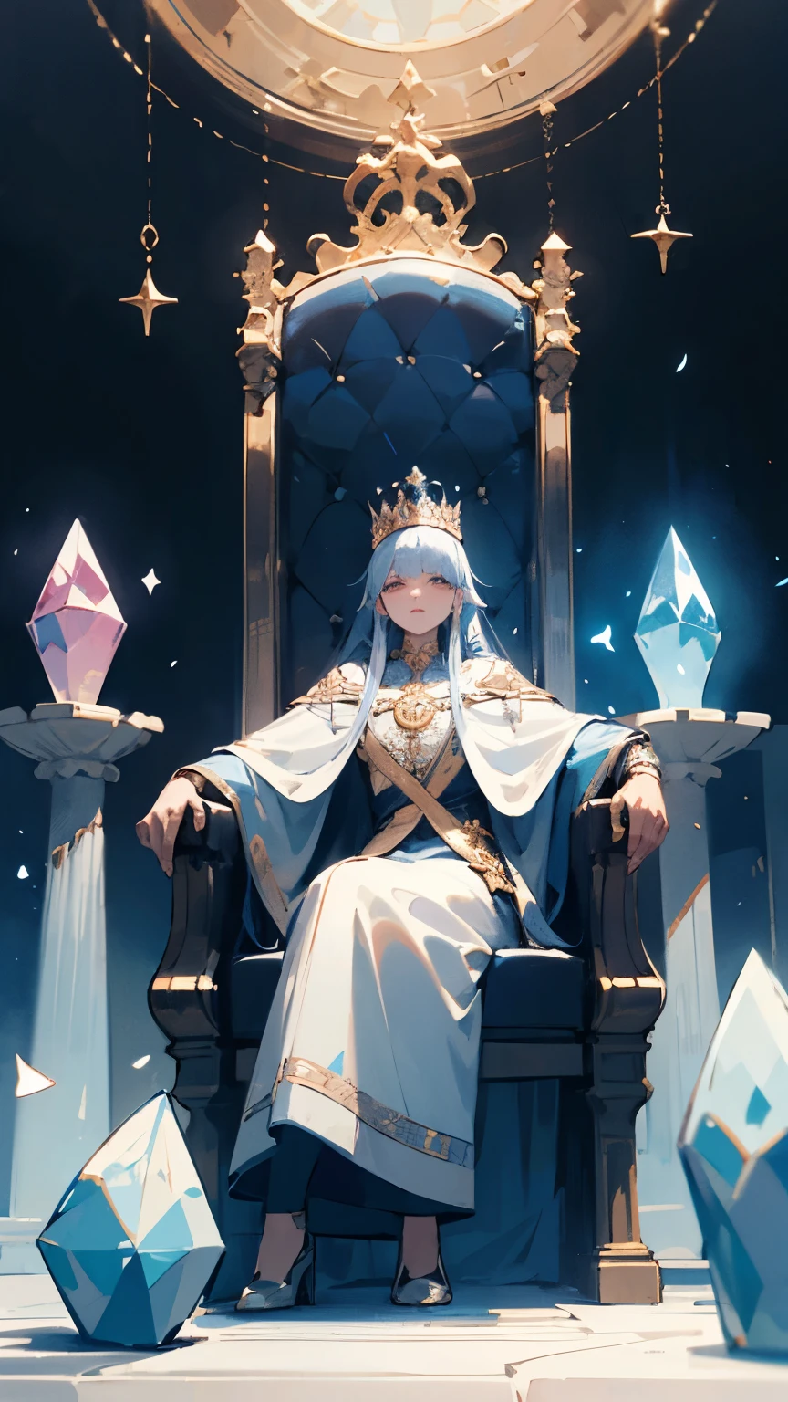 "Charismatic ruler on a crystal throne. Crown emitting magical energy. Surrounded by loyal subjects of various fantasy races. Grand, ornate throne room with magical banners."