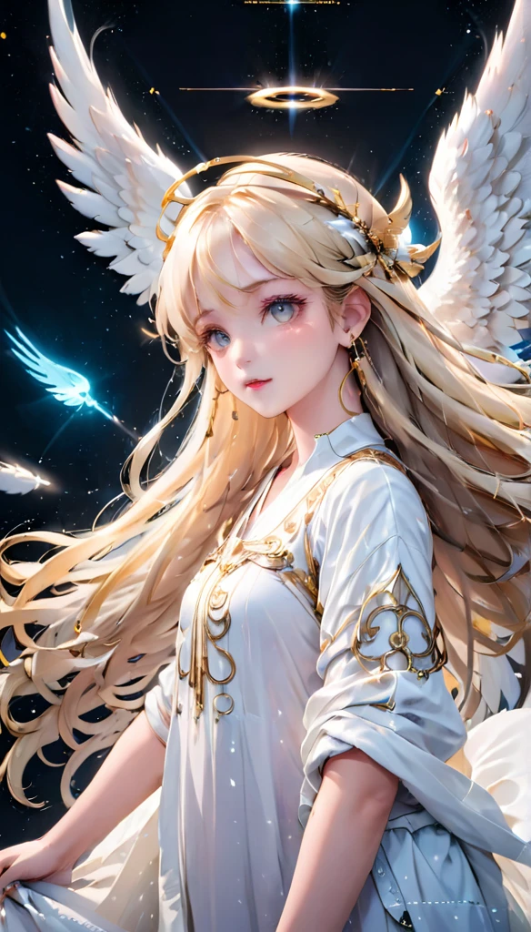 Detailed eyes, Perfect functionality, (masterpiece), (Highest quality), (Good quality), Intricate details, Earrings, Ray Tracing, (Depth of written boundary), Angel、Blonde, Very long hair, 