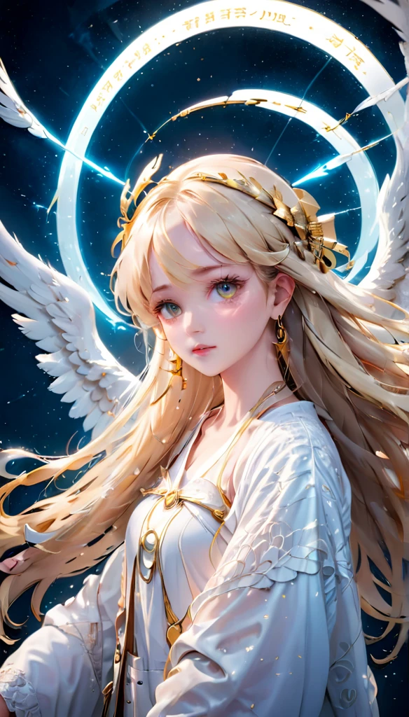 Detailed eyes, Perfect functionality, (masterpiece), (Highest quality), (Good quality), Intricate details, Earrings, Ray Tracing, (Depth of written boundary), Angel、Blonde, Very long hair, 