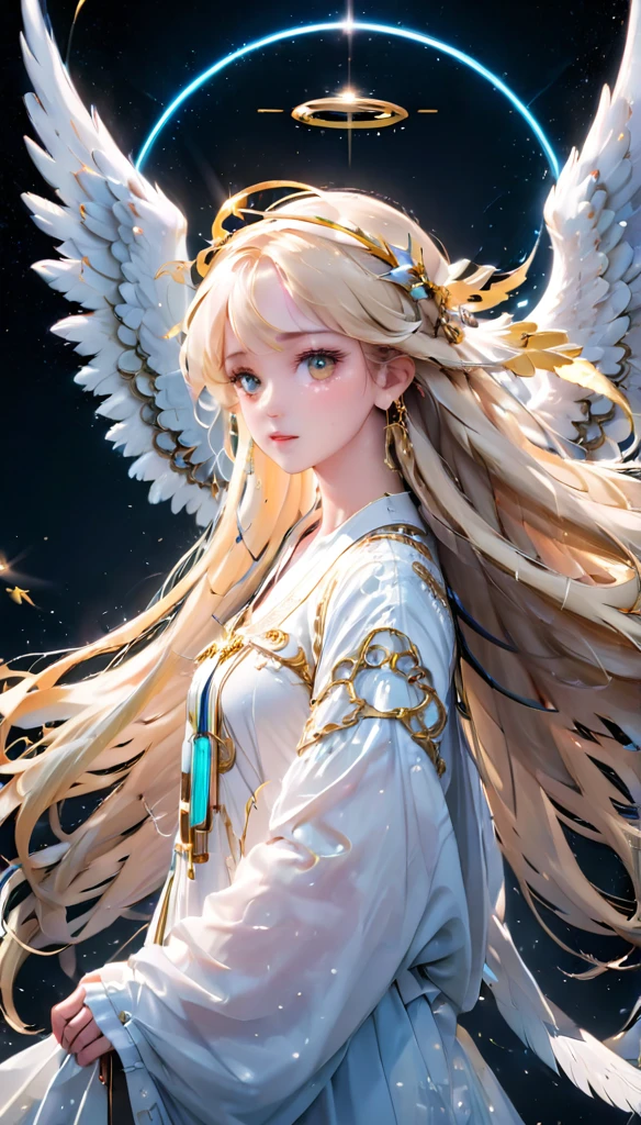 Detailed eyes, Perfect functionality, (masterpiece), (Highest quality), (Good quality), Intricate details, Earrings, Ray Tracing, (Depth of written boundary), Angel、Blonde, Very long hair, 