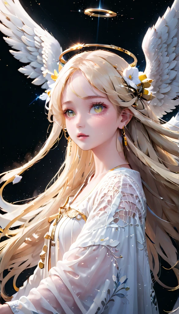 Detailed eyes, Perfect functionality, (masterpiece), (Highest quality), (Good quality), Intricate details, Earrings, Ray Tracing, (Depth of written boundary), Angel、Blonde, Very long hair, 