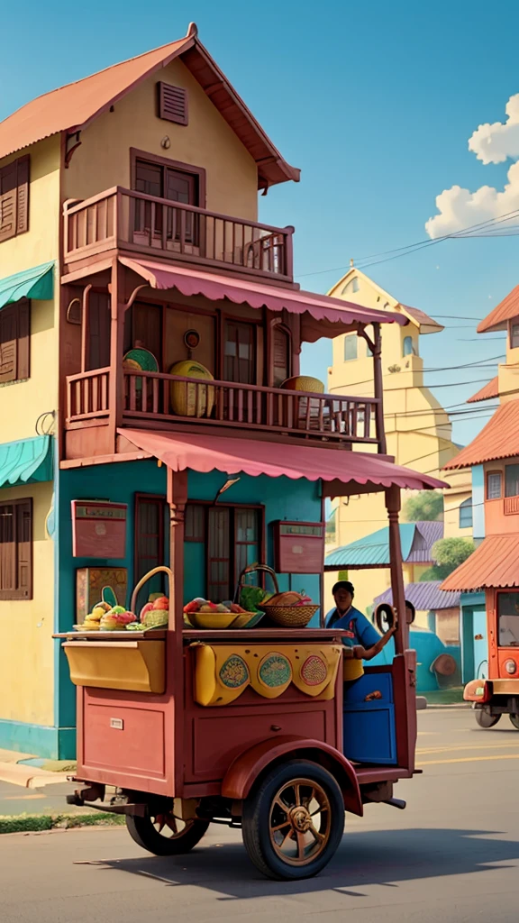 A street scene showing a pani puri cart parked in front of a residential house, with the cart decorated with bright colors and the house in the background.