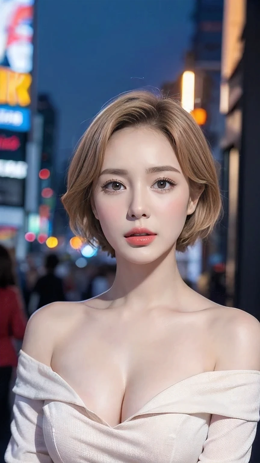 ((Night Scene, Realistic Light, Best Quality, 8k, Masterpiece: 1.3)), 1 Girl, Slim Body Beauty: 1.4, Blonde, Short Hair, (Big: 1.3), Off Shoulder Cut Top: 1.3, Ultra Detailed Face, Detailed Eyes, Double Eyelids, NYC, Times Square, Cleavage