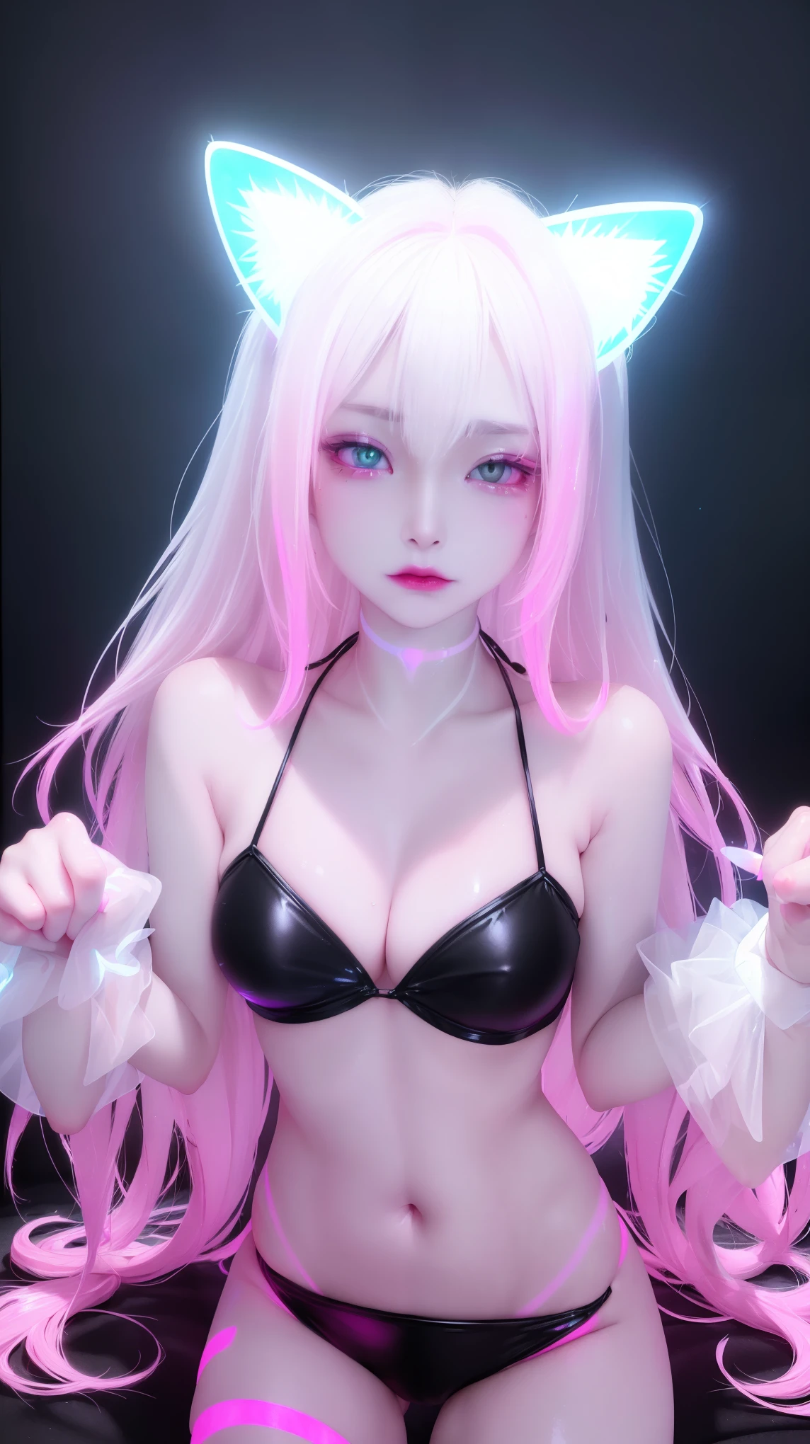 (Long Shot), 3d, 3dモデル, Unreal Engine, 1 girl, alone, (Neon Wireless Cat Ear Headphones:1.2), (Beautiful female body、Exquisite breathable bikini that glows under UV black light neon light:1.2), Bedroom、Shiny pink bed in a hotel、Midnight、 sunset, Someone knowledgeable、Detailed view、Depth of written border, ((Oilskin,Glowing Skin、Realistic skin texture、Beautiful skin in every detail、Glowing Skin、Glowing White Skin、Beautiful glossy lipstick、Mine Make-up))
