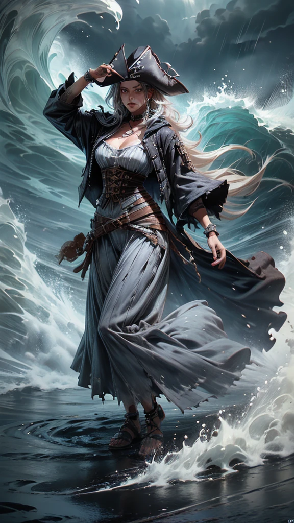 Female, pirate:1.2, skeleton in robes:1.2, with torn clothes, dark tone, scary scene, big wave, thunder, raining, high quality, high detailed, masterpiece, 8k, cinematic lighting, superrealistic, long exposure, full body shot, lightening, dressart:1.3